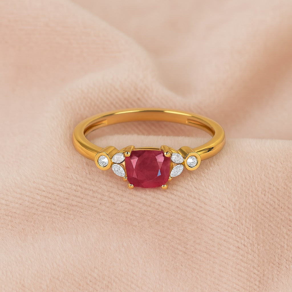 Ruby 0.75 Ct Cushion Side Accent  Ring – 14k Yellow Gold