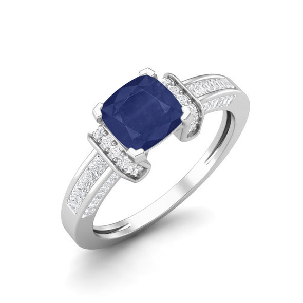 Cushion Shape Blue Sapphire Art Deco Ring 925 Sterling Silver Wedding Ring For Women