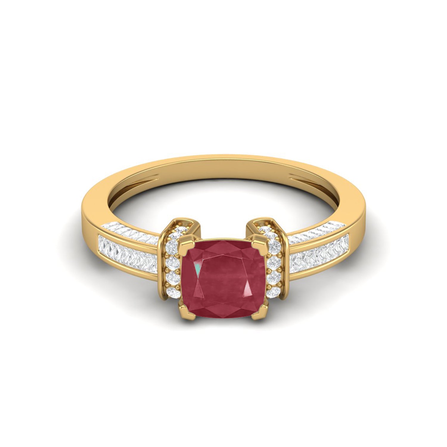 Ruby 1.30 Ct Cushion Pavé Accent Ring – 14k Yellow Gold