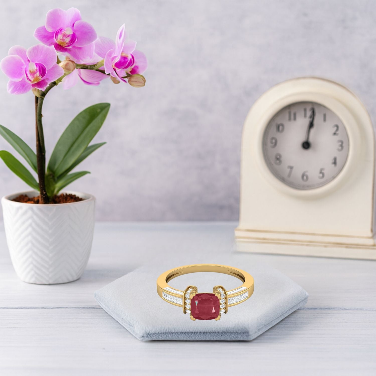 Ruby 1.30 Ct Cushion Pavé Accent Ring – 14k Yellow Gold