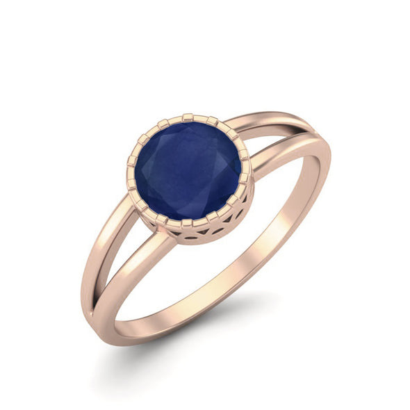 Round Shape Bezal Set Blue Sapphire Solitaire 925 Sterling Silver Engagement Ring Mother's Gift