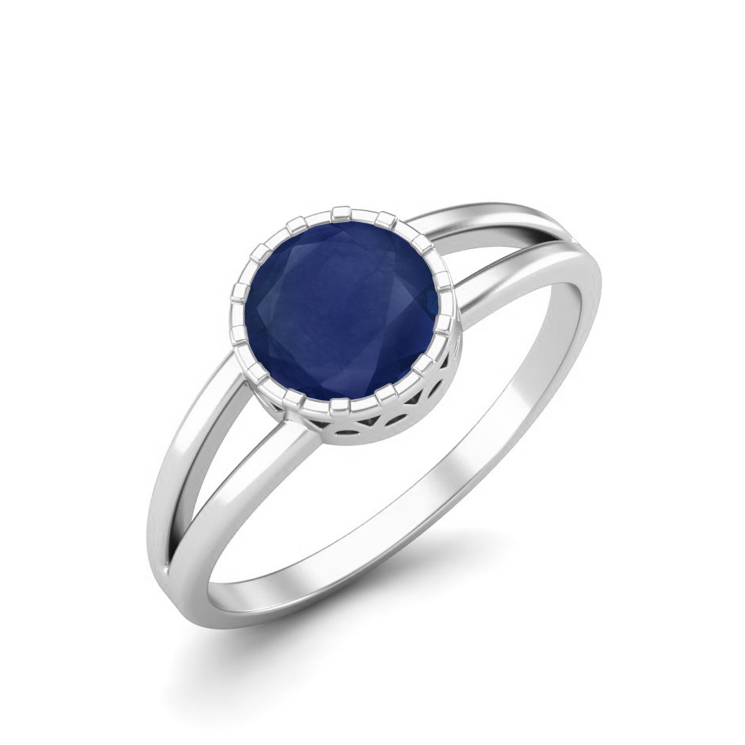Round Shape Bezal Set Blue Sapphire Solitaire 925 Sterling Silver Engagement Ring Mother's Gift