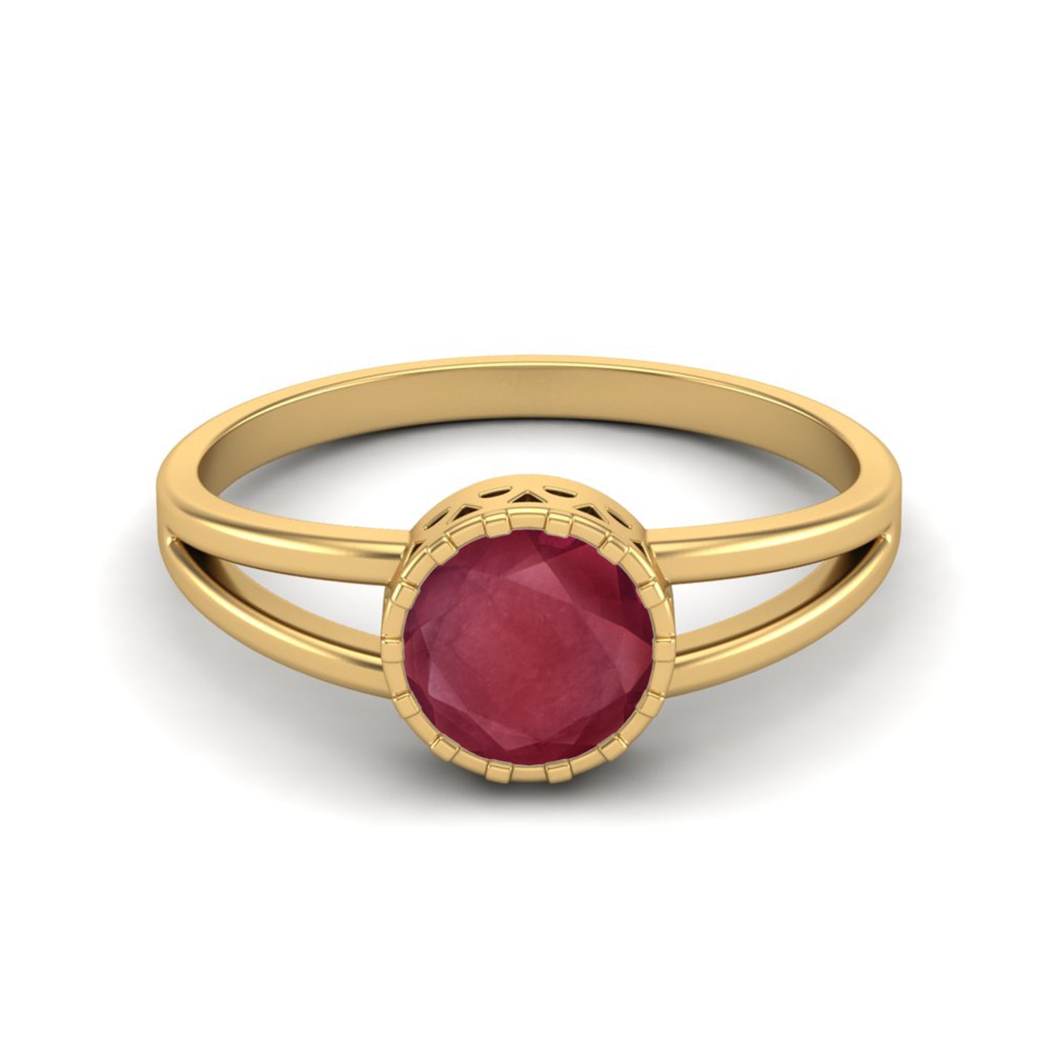 Ruby 0.75 Ct Round Bezel Set Split Shank Ring - 14k Yellow Gold