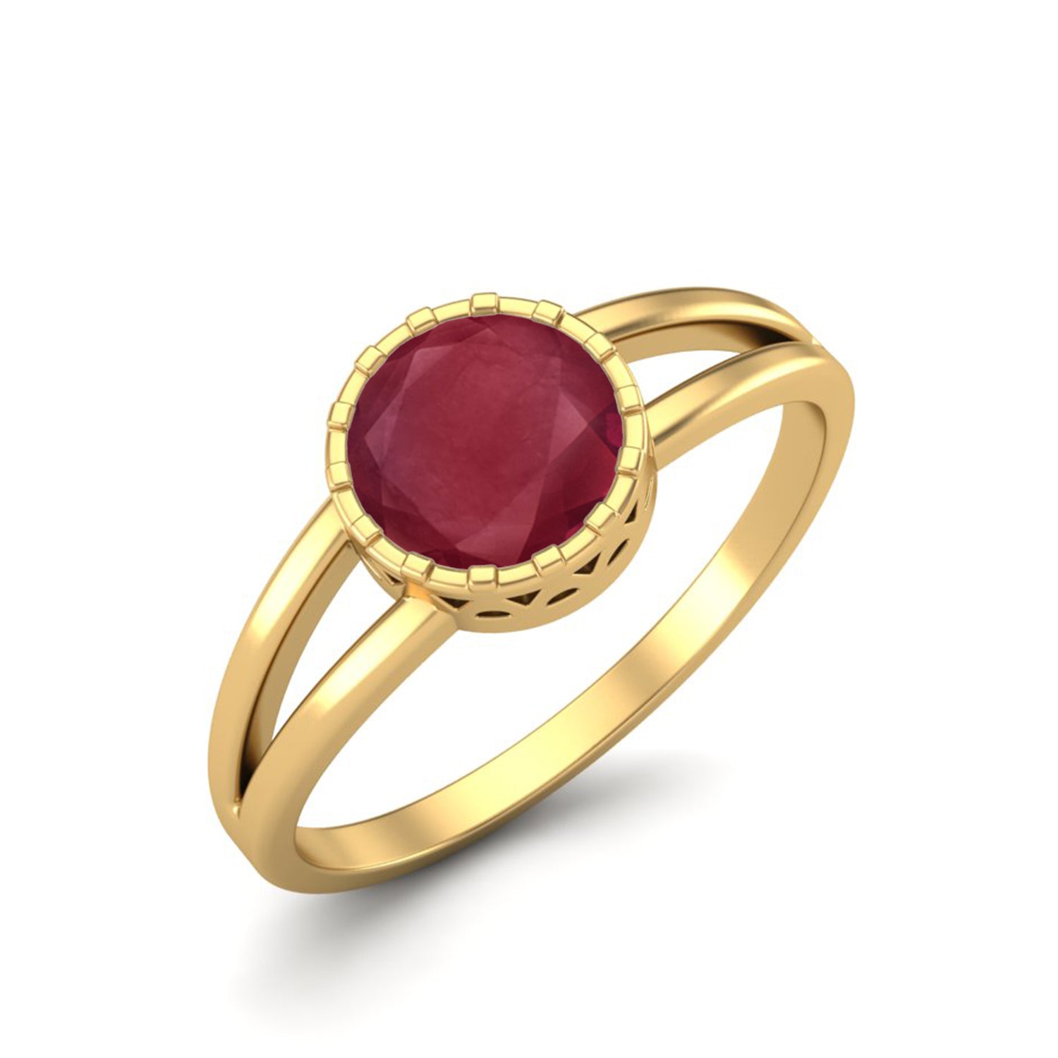 Ruby 0.75 Ct Round Bezel Set Split Shank Ring - 14k Yellow Gold