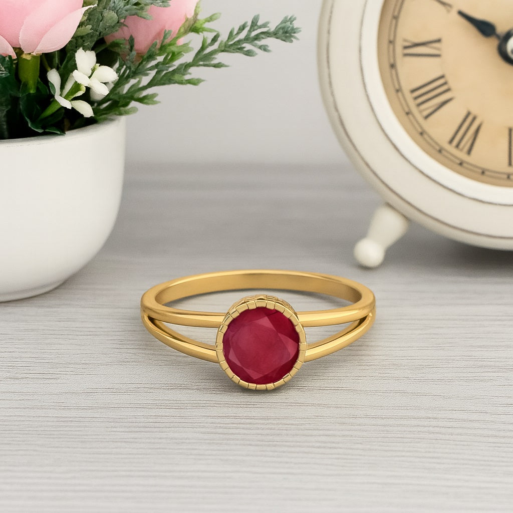 Ruby 0.75 Ct Round Bezel Set Split Shank Ring - 14k Yellow Gold