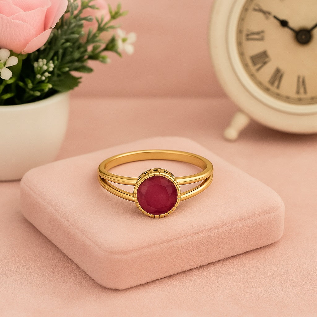 Ruby 0.75 Ct Round Bezel Set Split Shank Ring - 14k Yellow Gold