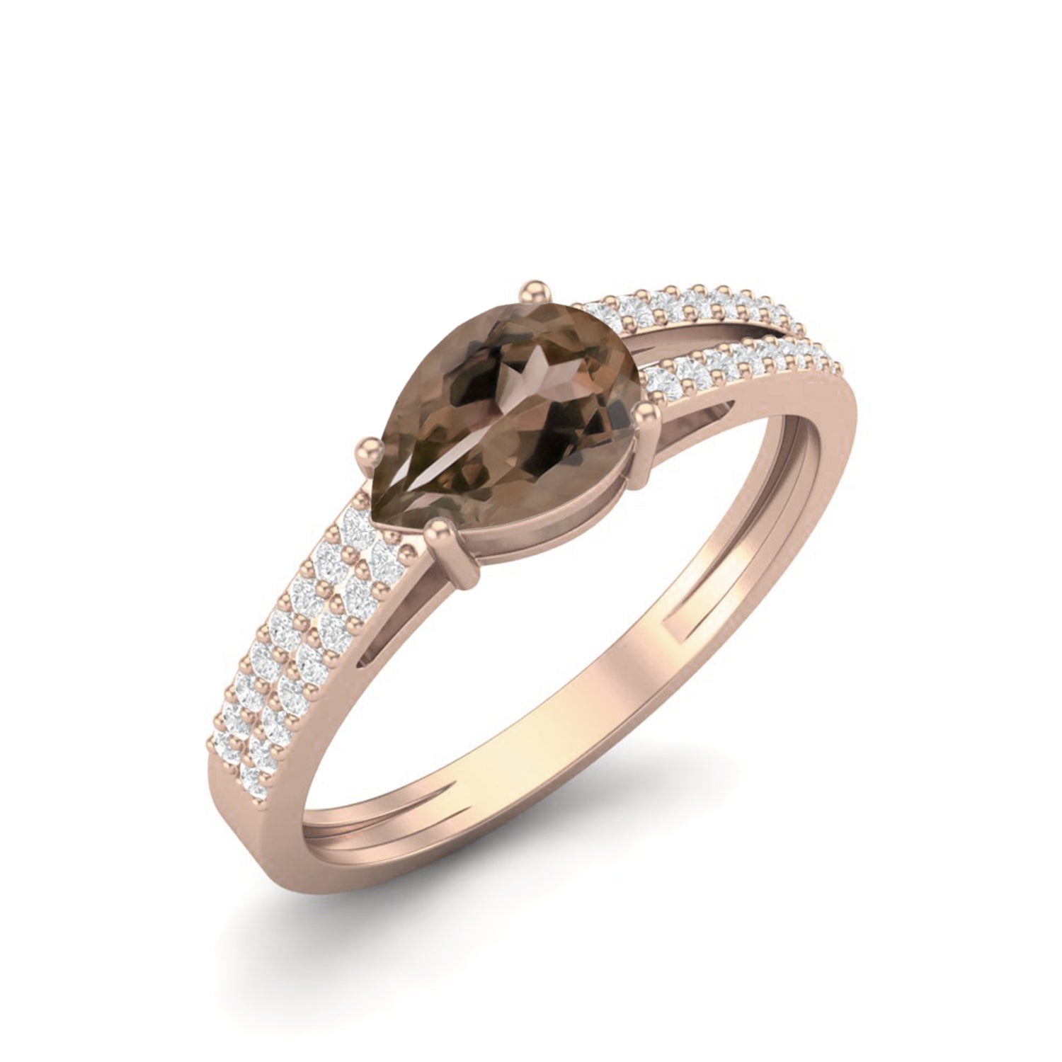 Smoky Quartz 0.75 Ct Pear Shape Pavé Split Shank Ring – 14K Yellow Gold
