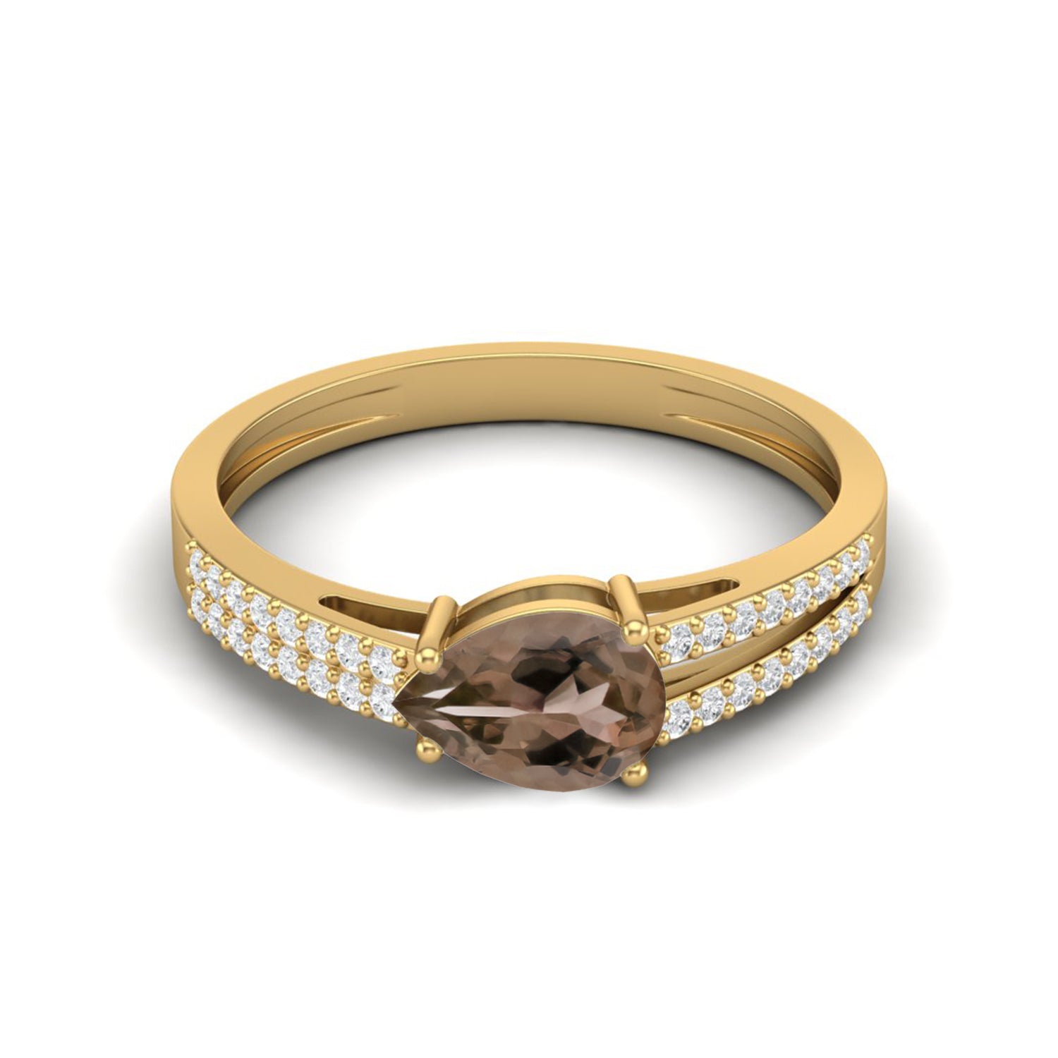Smoky Quartz 0.75 Ct Pear Shape Pavé Split Shank Ring – 14K Yellow Gold
