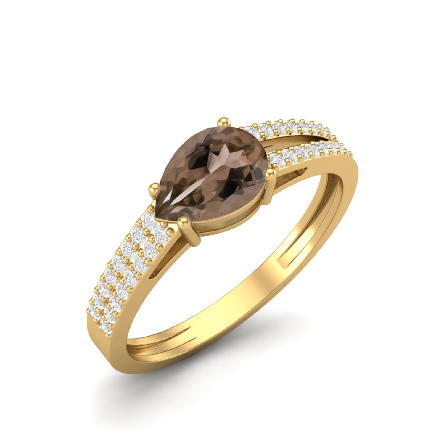 Smoky Quartz 0.75 Ct Pear Shape Pavé Split Shank Ring – 14K Yellow Gold