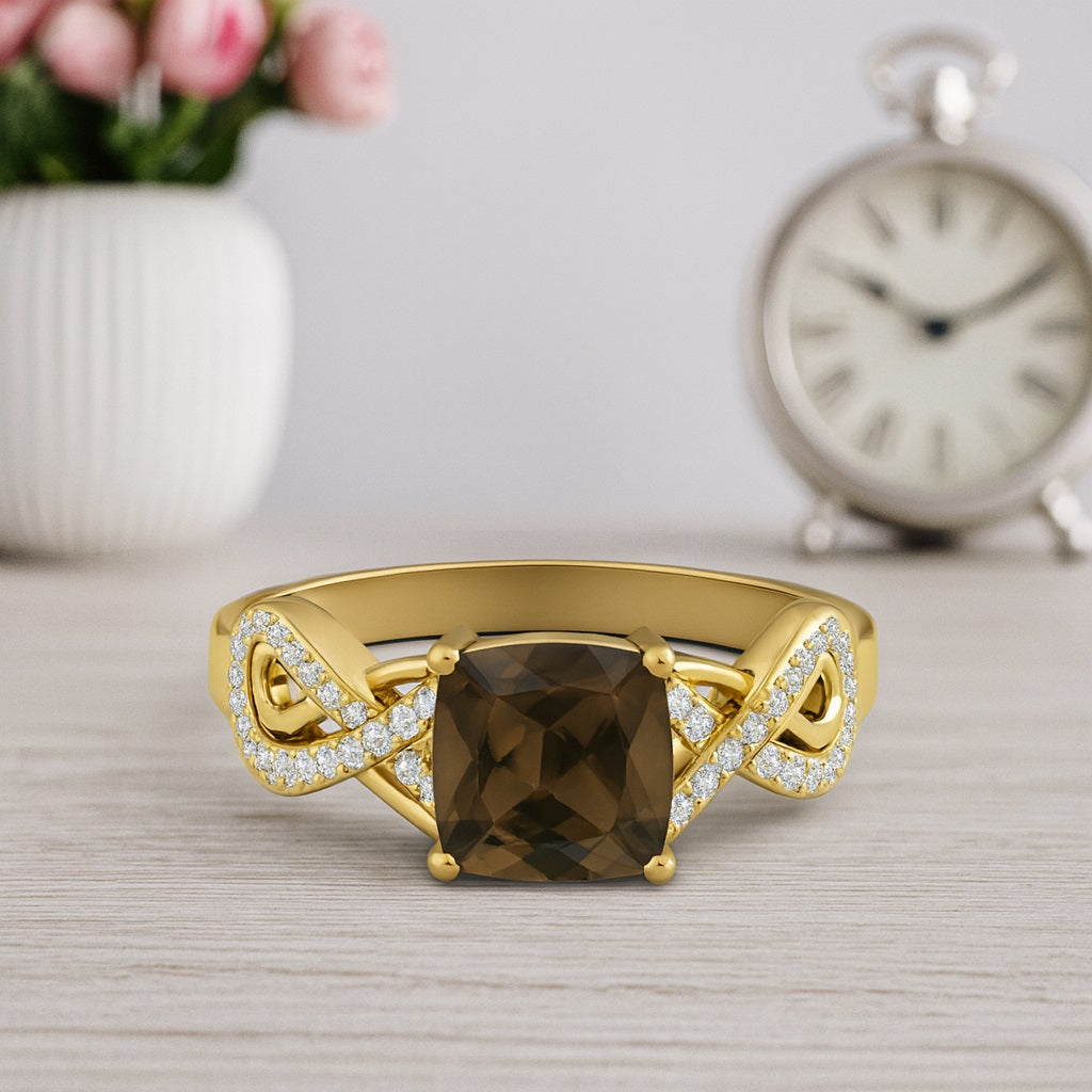 Smoky Quartz 2.05 Ct Cushion Infinity Accent Ring – 14K Yellow Gold
