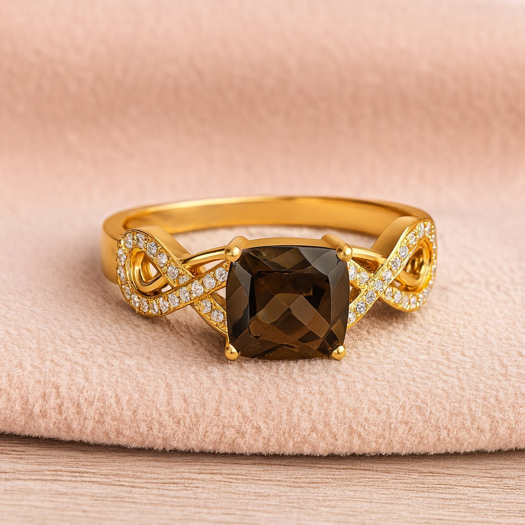 Smoky Quartz 2.05 Ct Cushion Infinity Accent Ring – 14K Yellow Gold