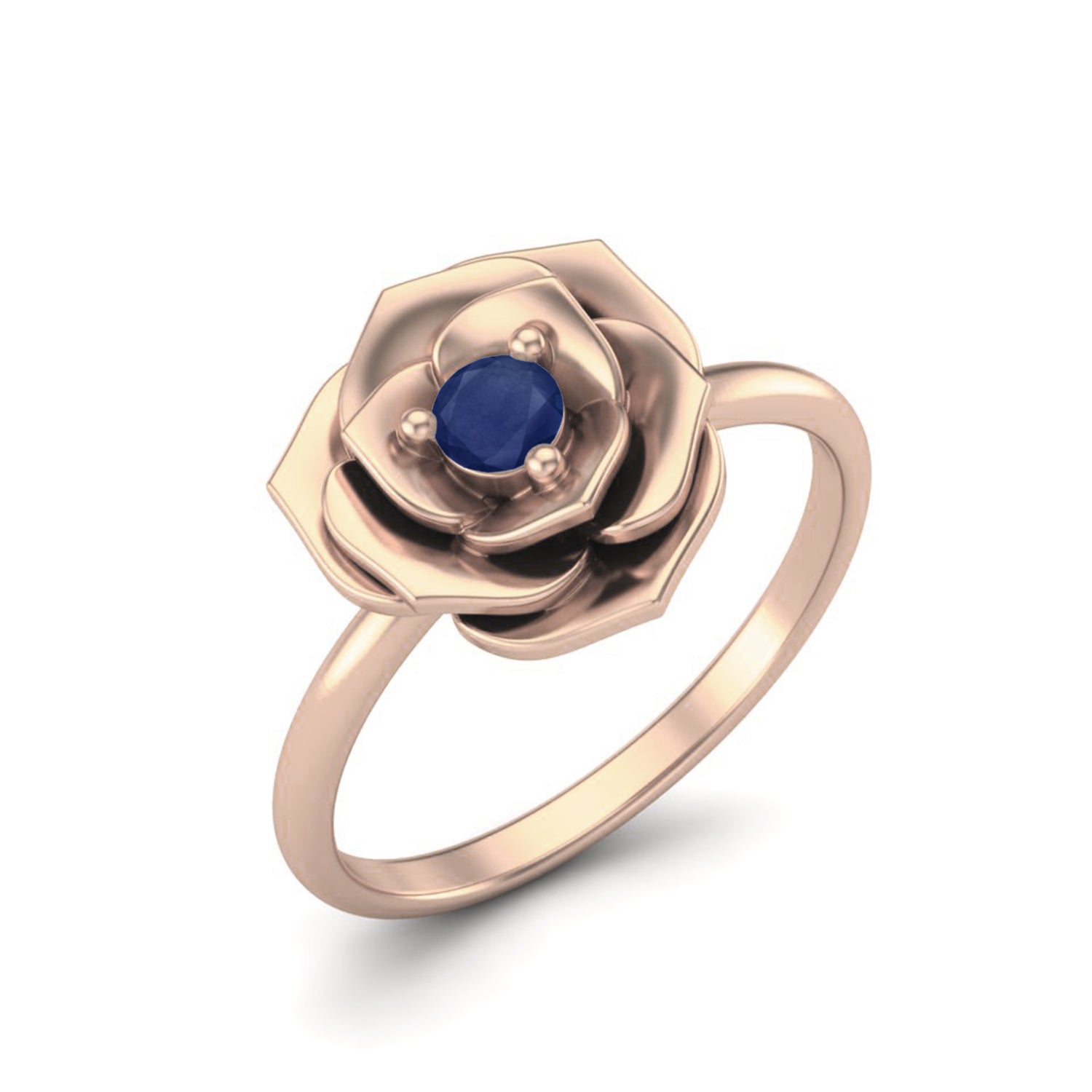 Blue Sapphire 0.10 Ct Round Rose Ring - 14k Yellow Gold