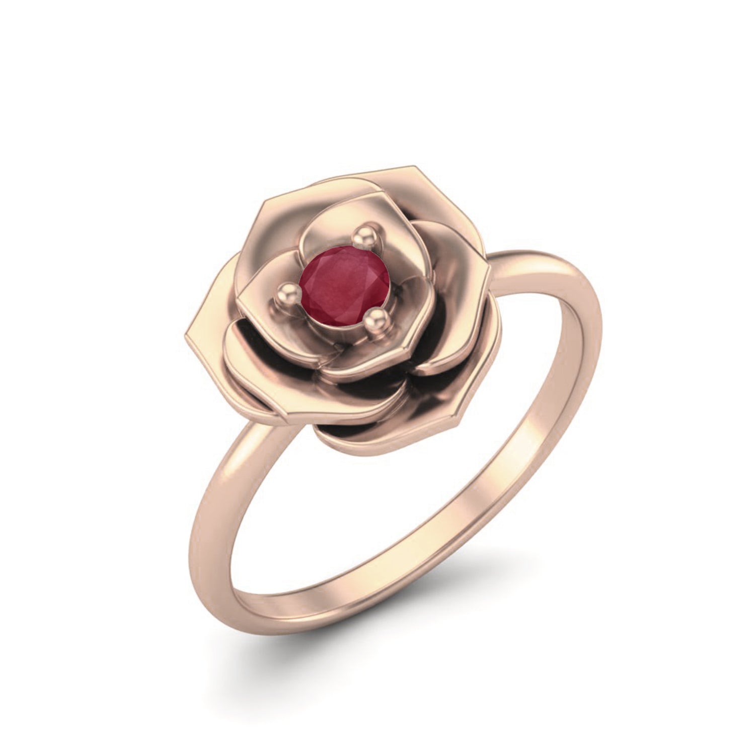 Ruby 0.10 Ct Round Romantic Rose Flower Ring – 14k Fine Yellow Gold