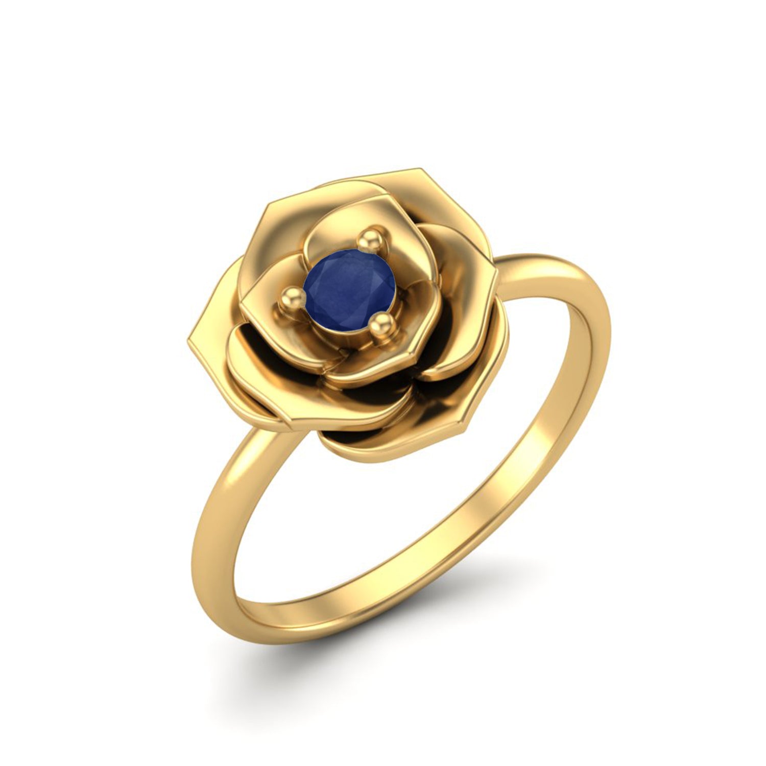Blue Sapphire 0.10 Ct Round Rose Ring - 14k Yellow Gold