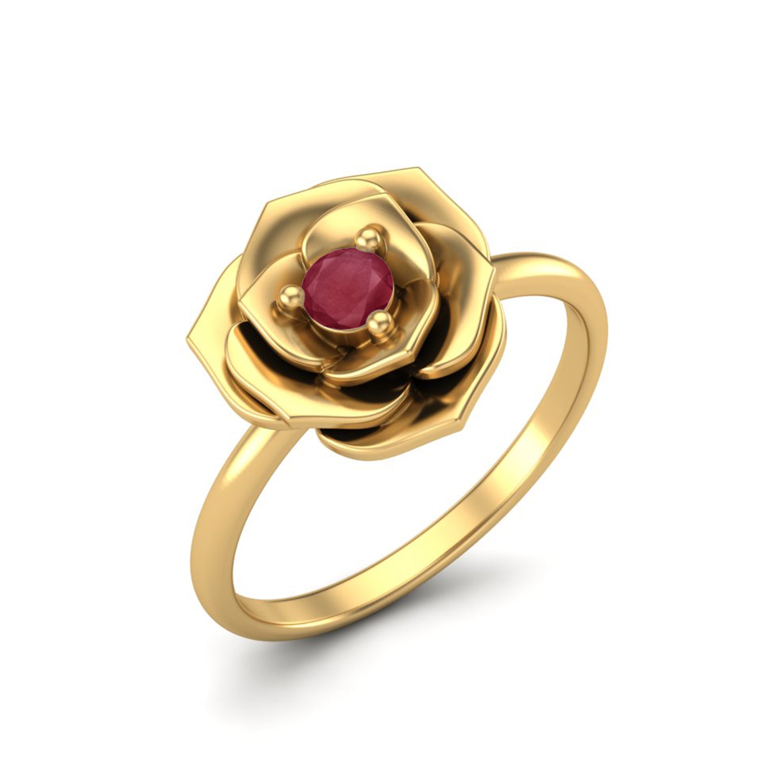 Ruby 0.10 Ct Round Romantic Rose Flower Ring – 14k Fine Yellow Gold