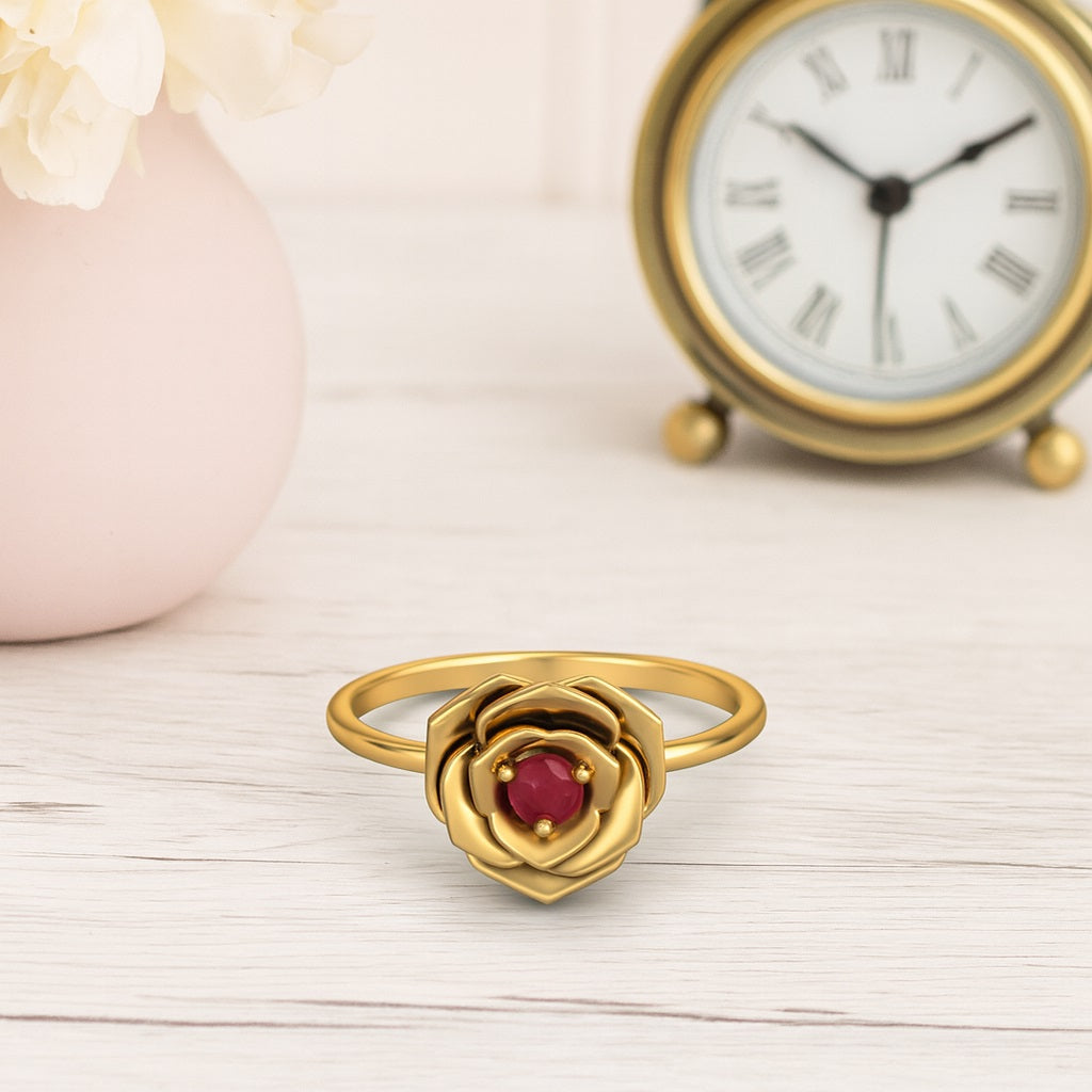 Ruby 0.10 Ct Round Romantic Rose Flower Ring – 14k Fine Yellow Gold
