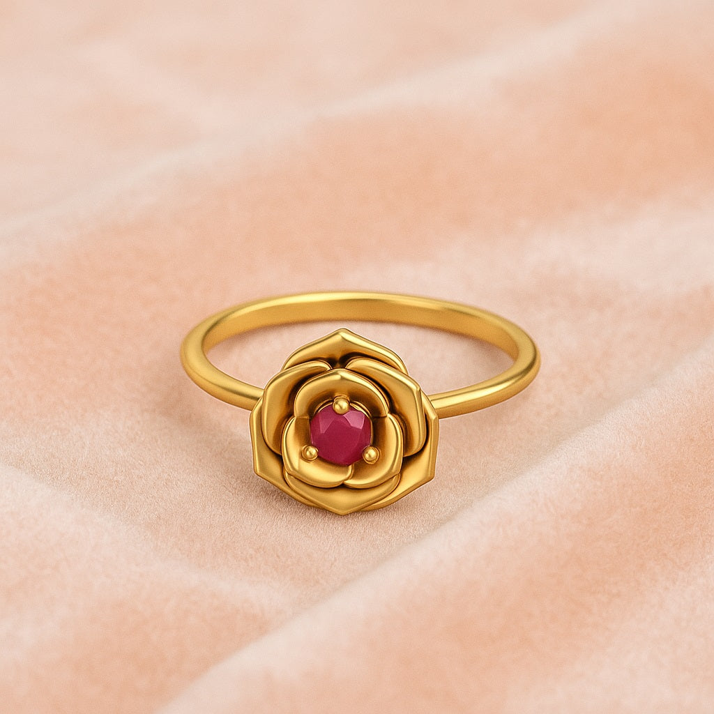 Ruby 0.10 Ct Round Romantic Rose Flower Ring – 14k Fine Yellow Gold
