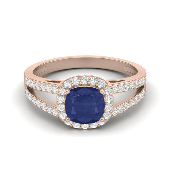 Cushion Shaped Blue Sapphire Solitaire With Accent Split Shank Wedding Ring For Women
