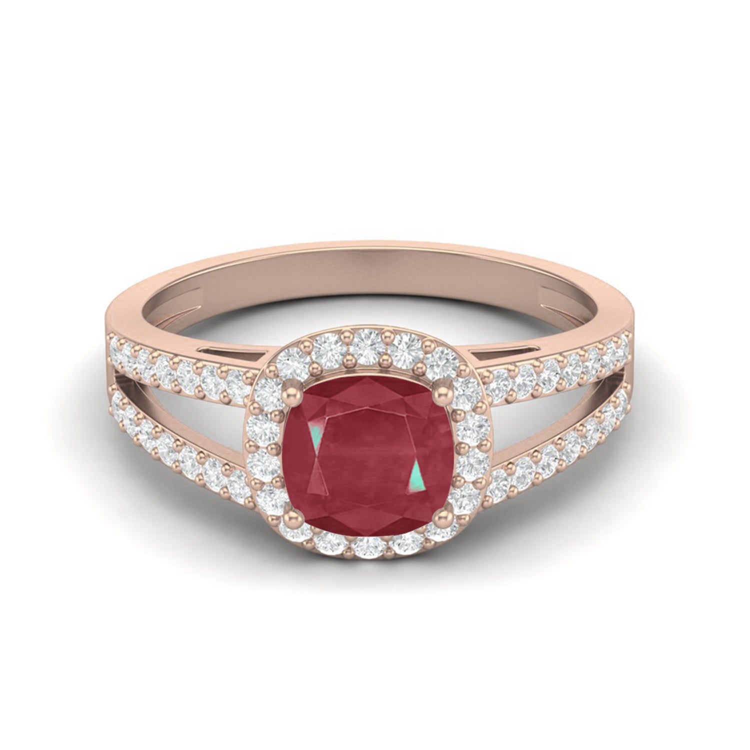 Ruby 1.30 Ct Cushion-Cut Split Band Halo Ring  – 14k Yellow Gold