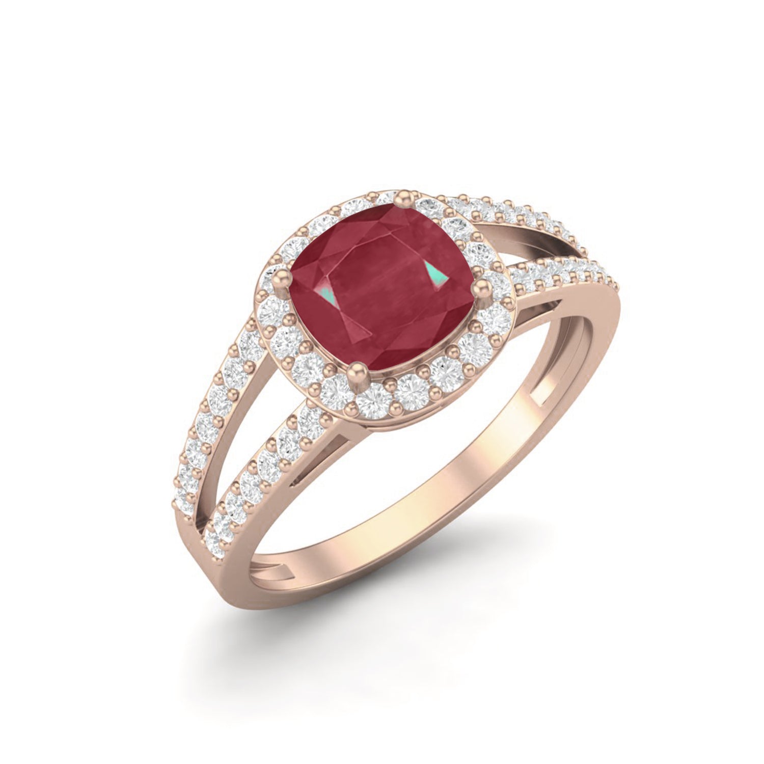 Ruby 1.30 Ct Cushion-Cut Split Band Halo Ring  – 14k Yellow Gold