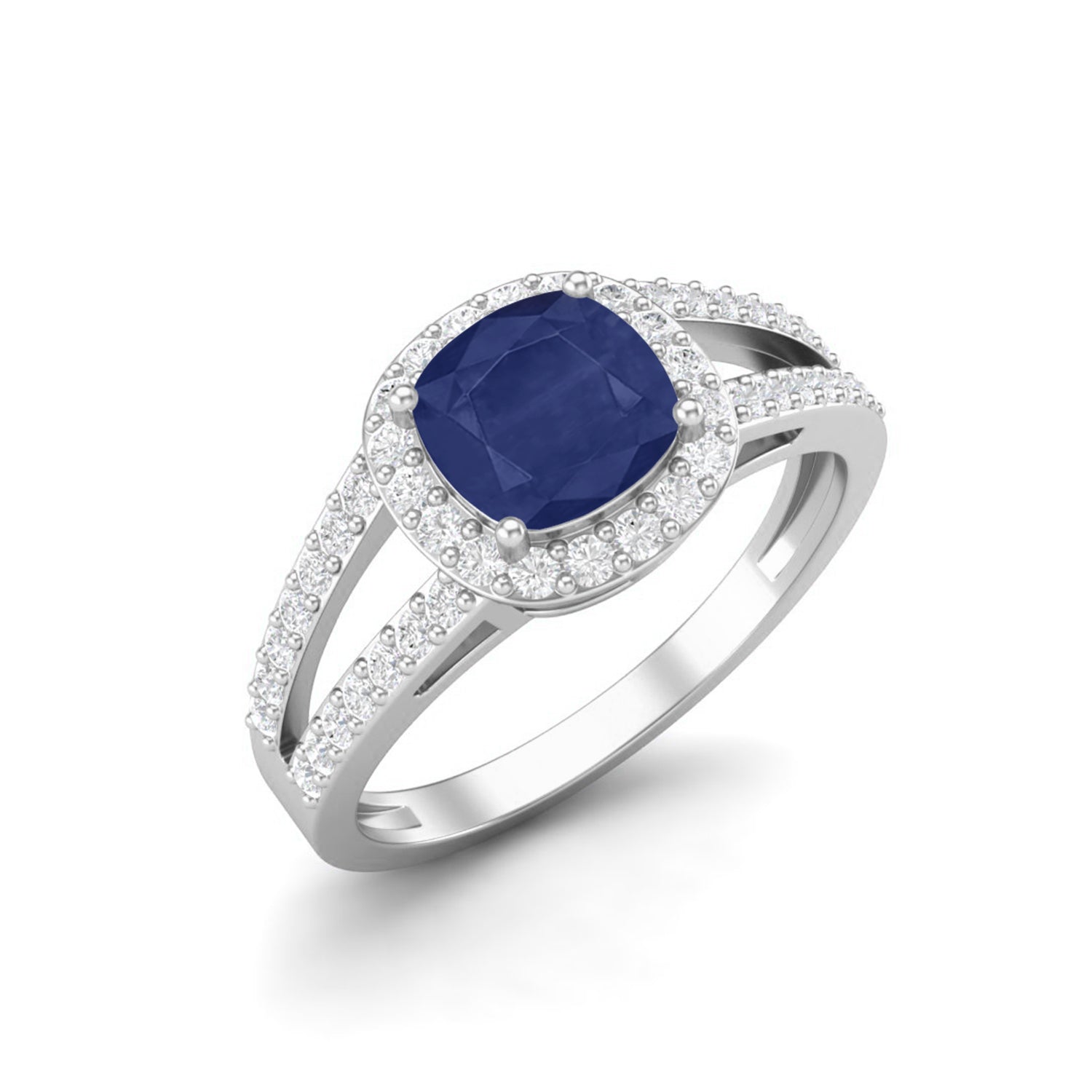 Cushion Shaped Blue Sapphire Solitaire With Accent Split Shank Wedding Ring For Women
