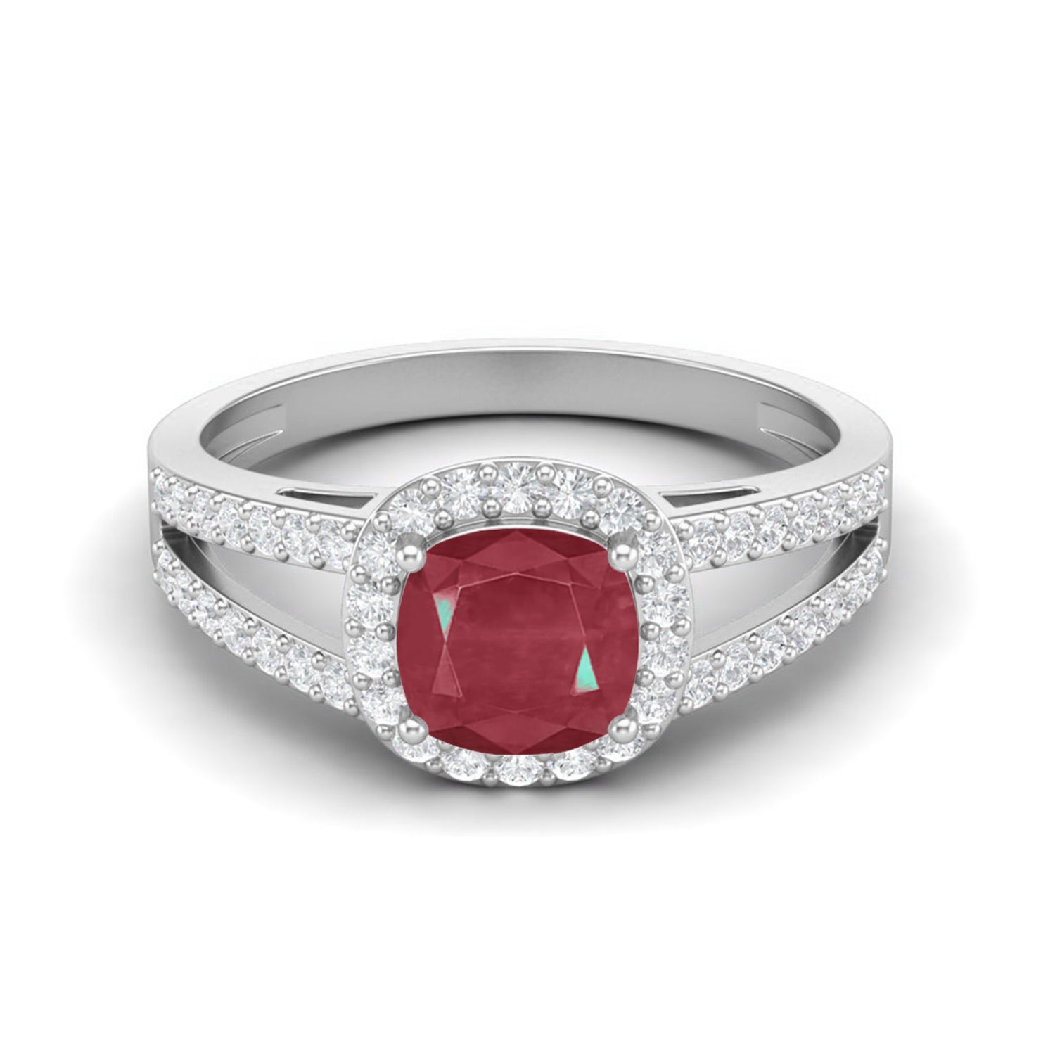 Ruby 1.30 Ct Cushion-Cut Split Band Halo Ring  – 14k Yellow Gold
