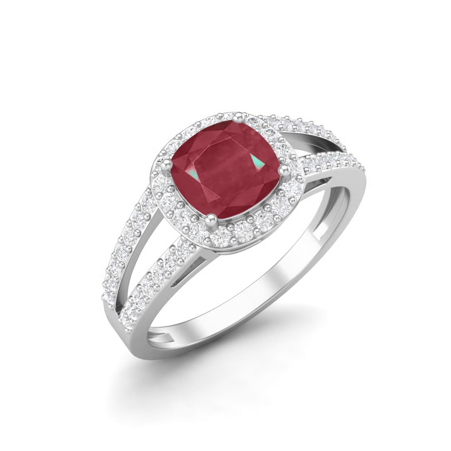 Ruby 1.30 Ct Cushion-Cut Split Band Halo Ring  – 14k Yellow Gold