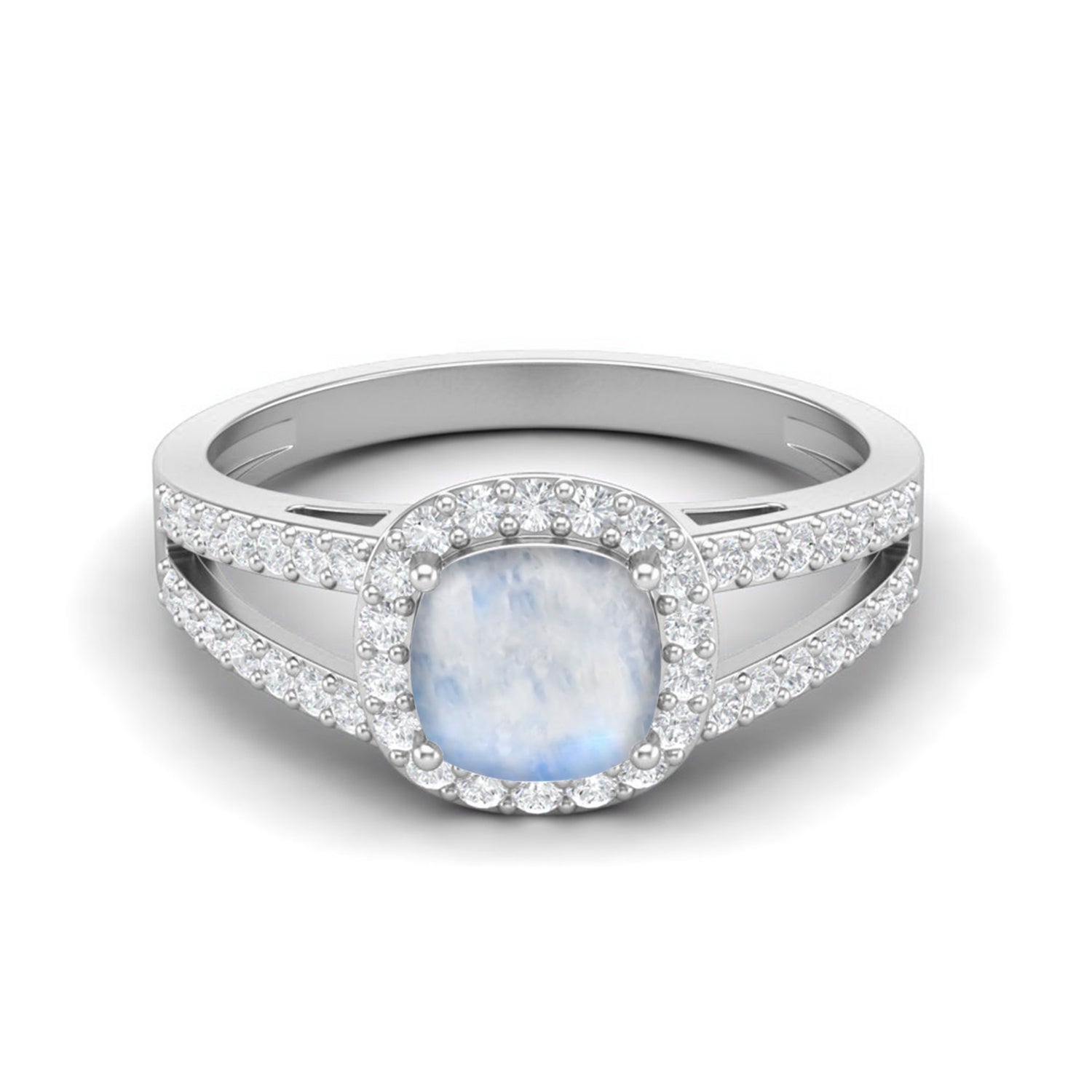 Moonstone Split Shank Halo Ring – Sterling Silver