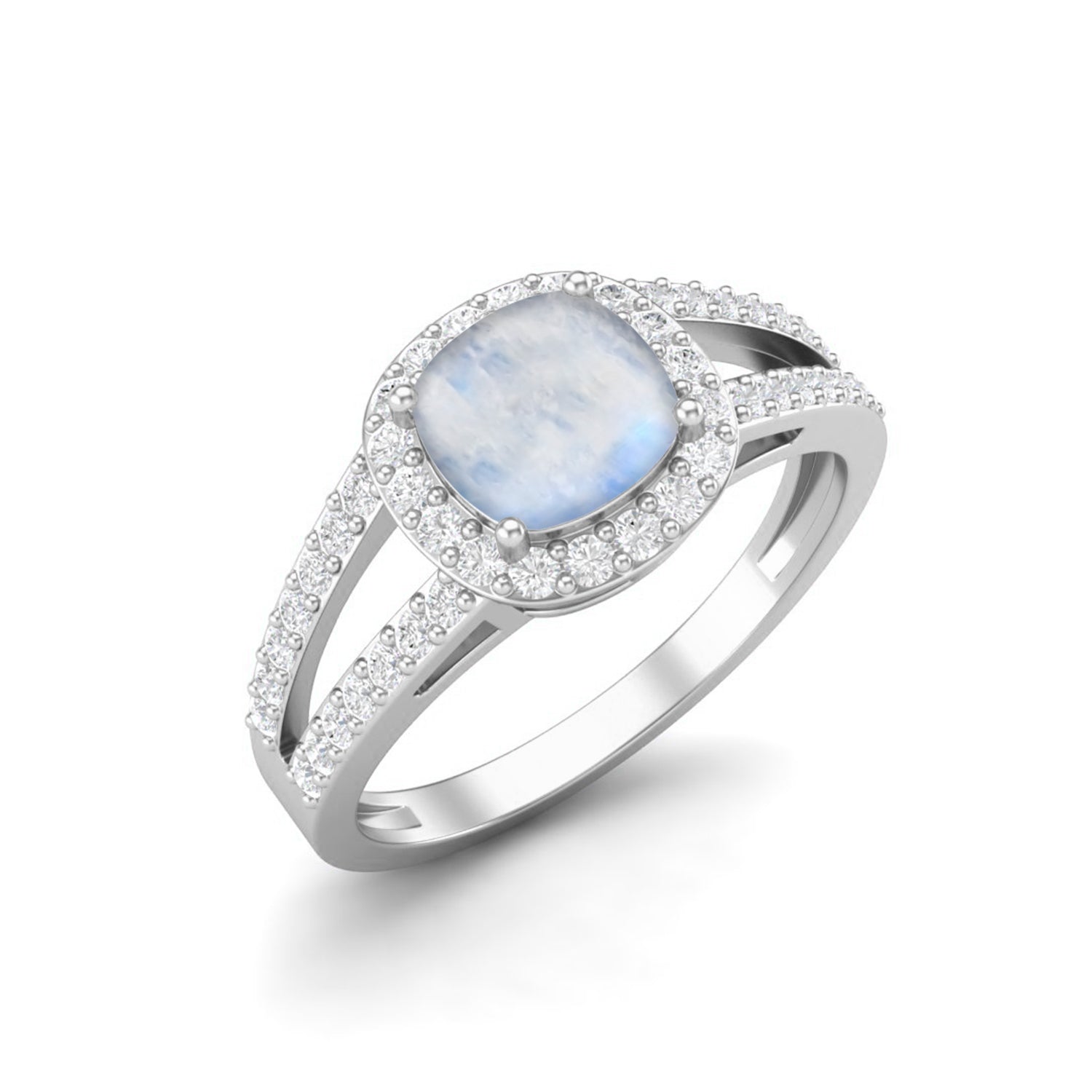Moonstone Split Shank Halo Ring – Sterling Silver
