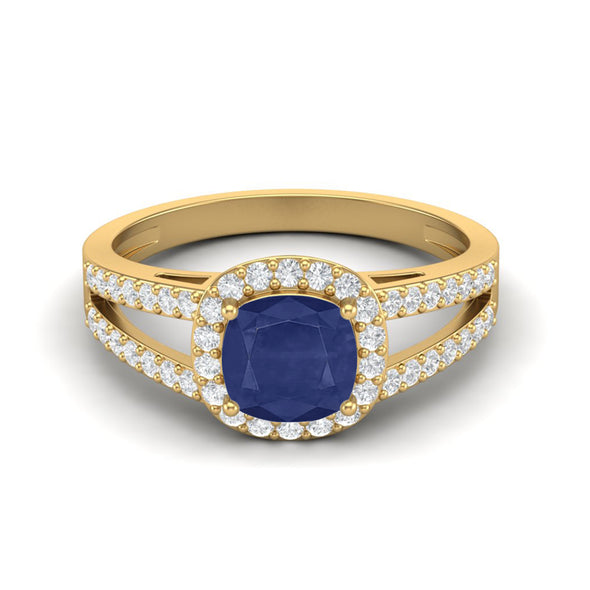 Cushion Shaped Blue Sapphire Solitaire With Accent Split Shank Wedding Ring For Women