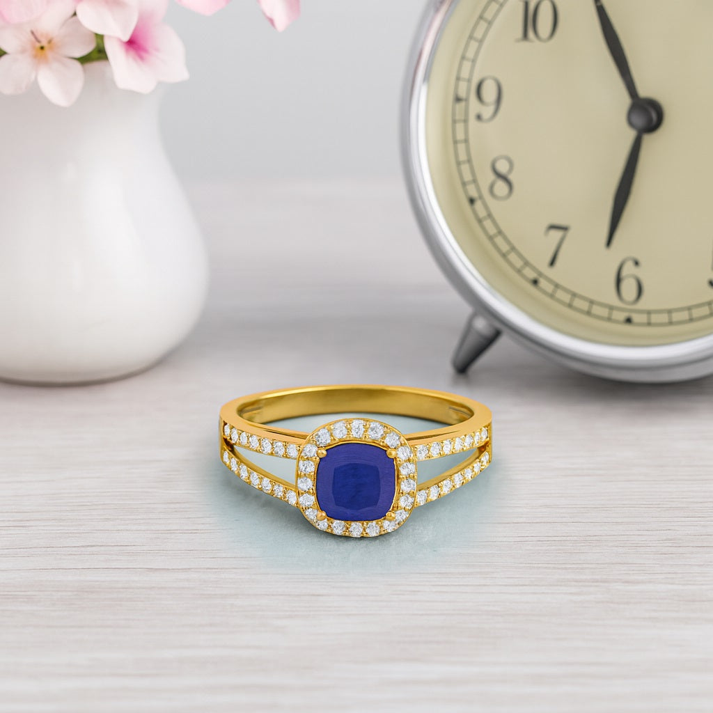 Blue Sapphire Cushion Solitaire with Accents Ring - 14k Yellow Gold–