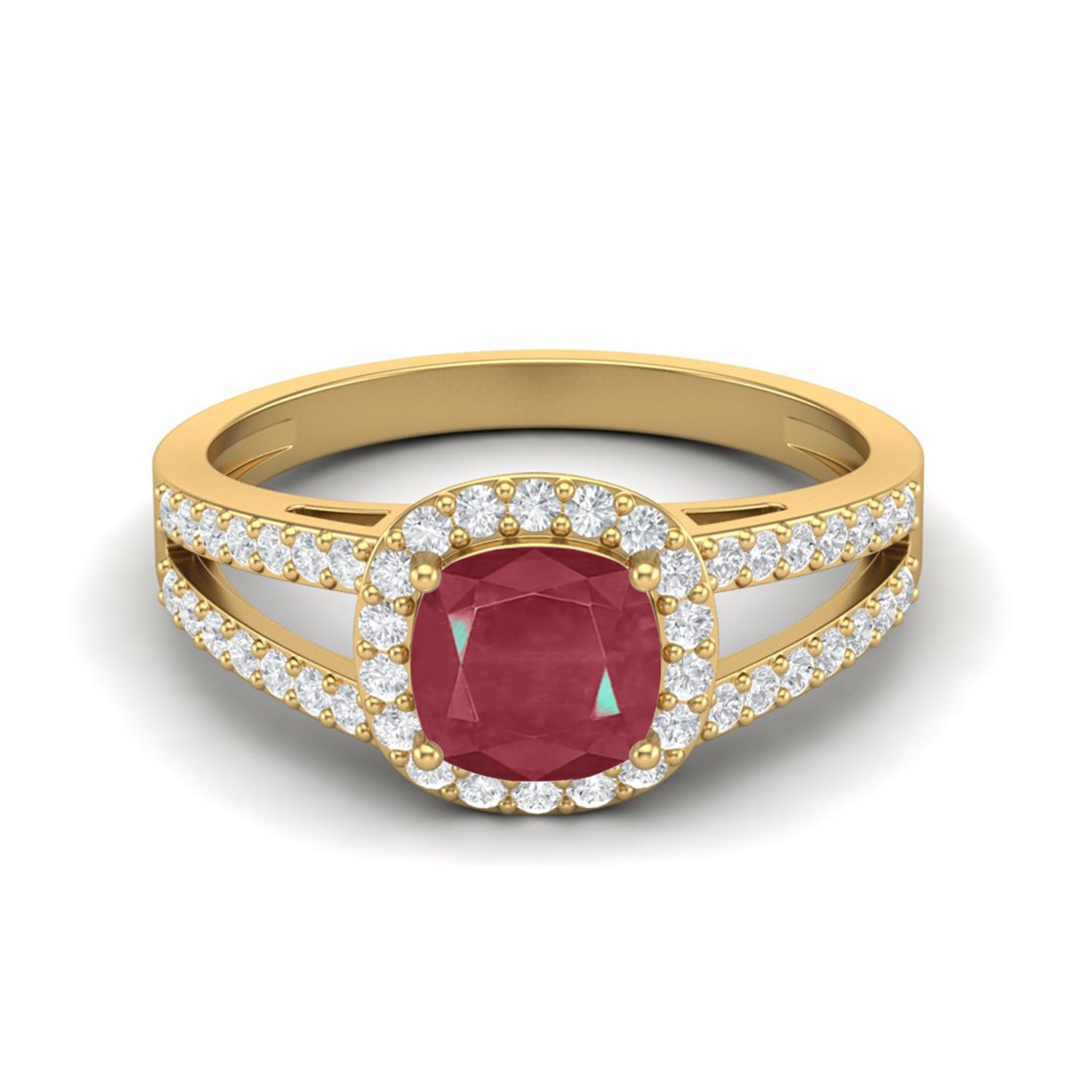 Ruby 1.30 Ct Cushion-Cut Split Band Halo Ring  – 14k Yellow Gold