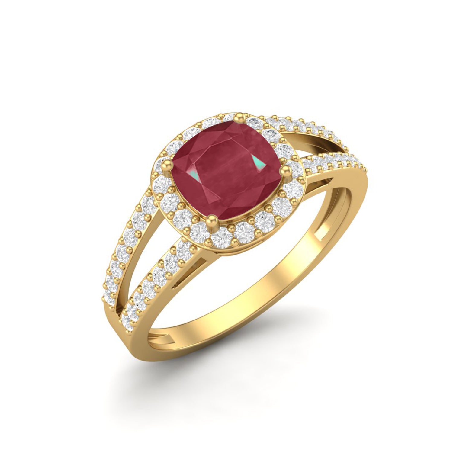 Ruby 1.30 Ct Cushion-Cut Split Band Halo Ring  – 14k Yellow Gold