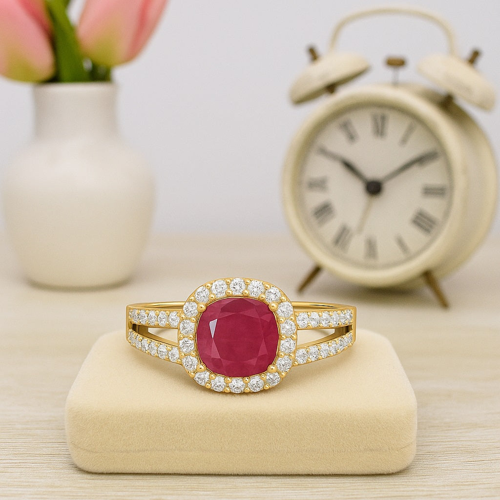 Ruby 1.30 Ct Cushion-Cut Split Band Halo Ring  – 14k Yellow Gold