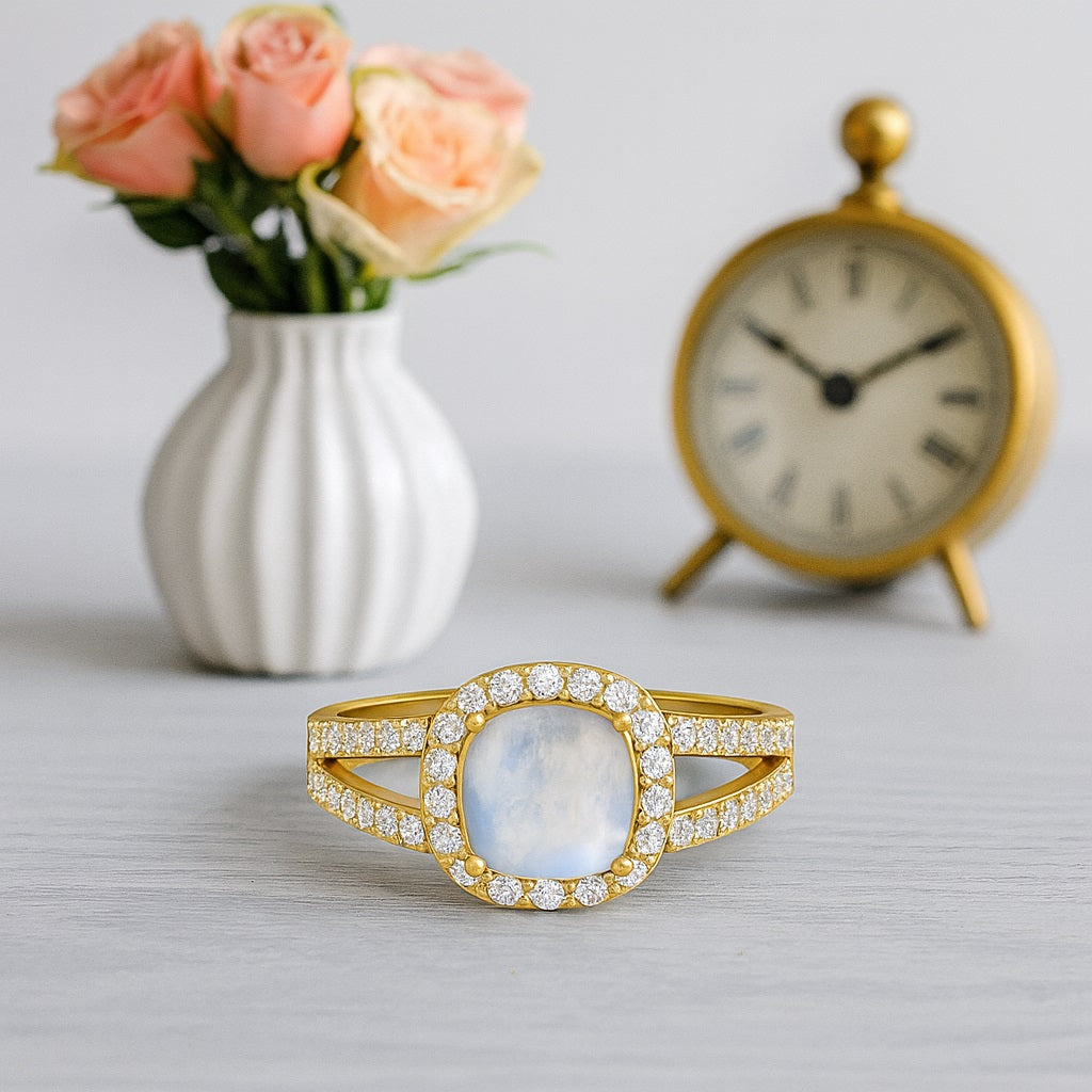 Moonstone Split Shank Halo Ring – Sterling Silver