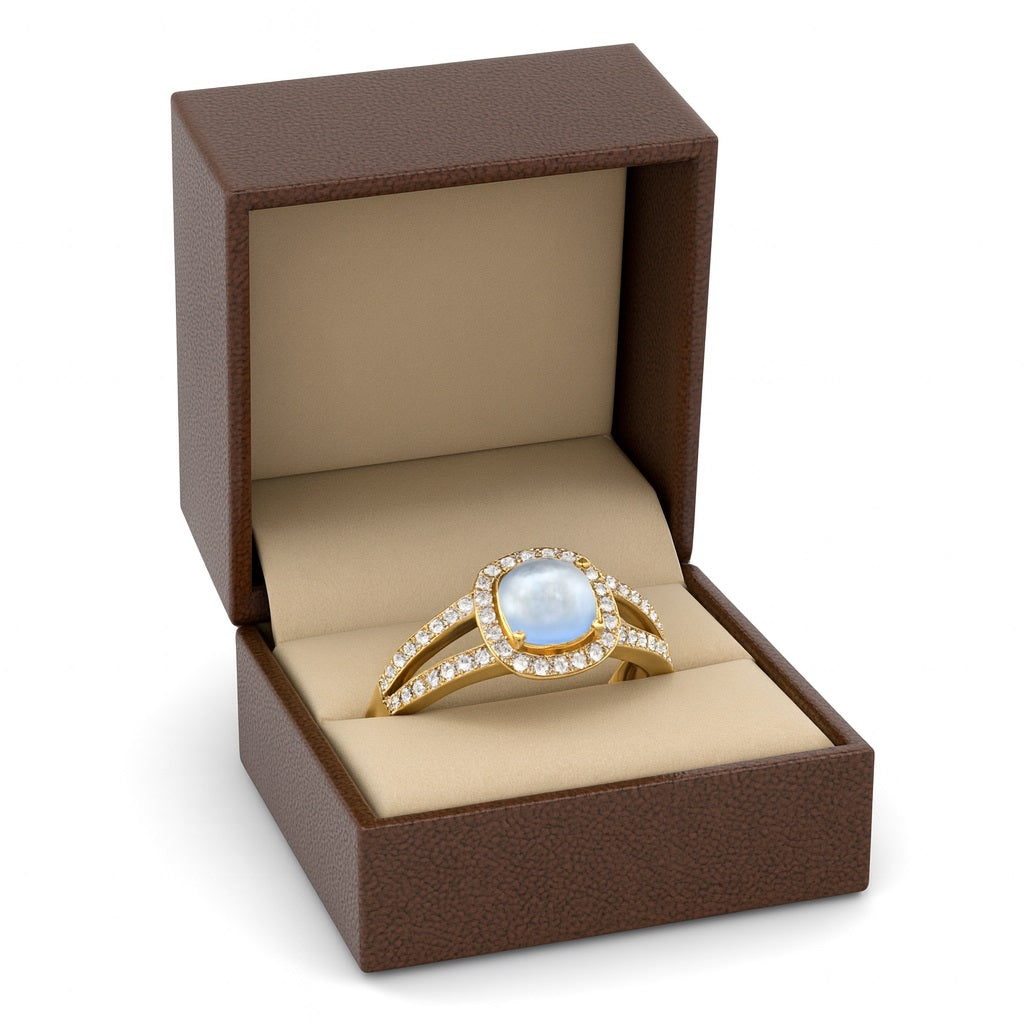 Moonstone Split Shank Halo Ring – Sterling Silver