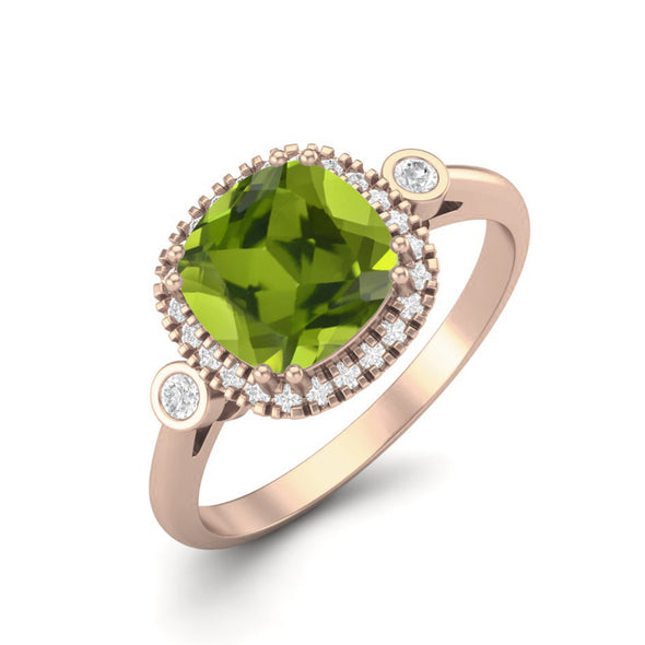 Cushion Shaped Peridot Gemstone Ring 925 Sterling Silver Solitaire Accents Wedding Ring