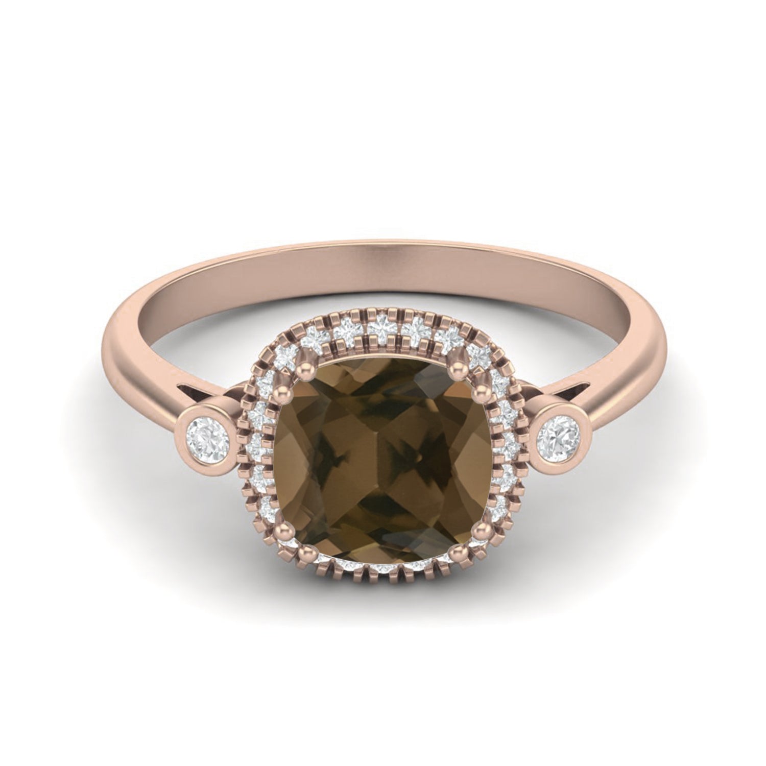 Smoky Quartz 2.05 Ct Cushion Shape Double Accent Halo Ring – 14K Yellow Gold