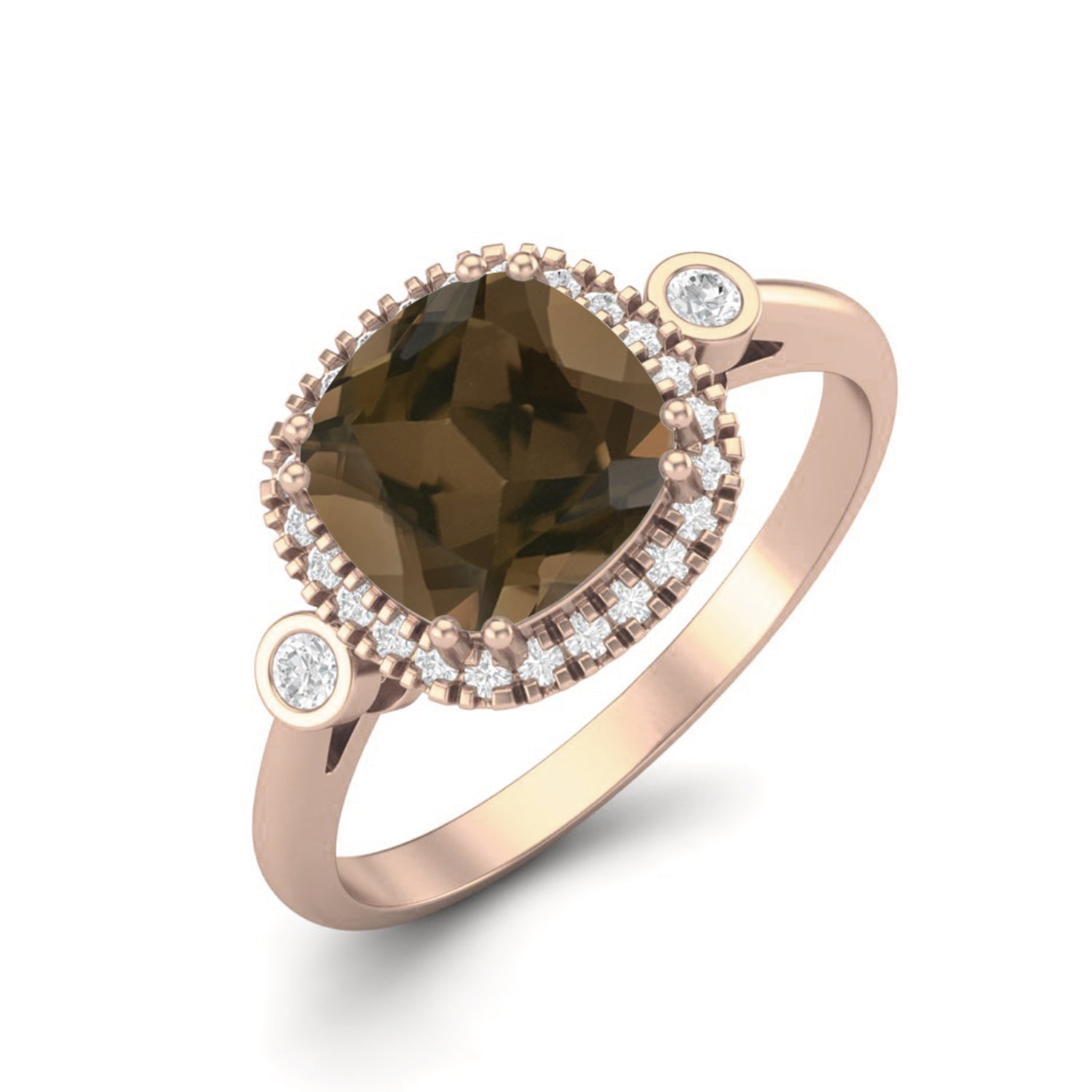 Smoky Quartz 2.05 Ct Cushion Shape Double Accent Halo Ring – 14K Yellow Gold