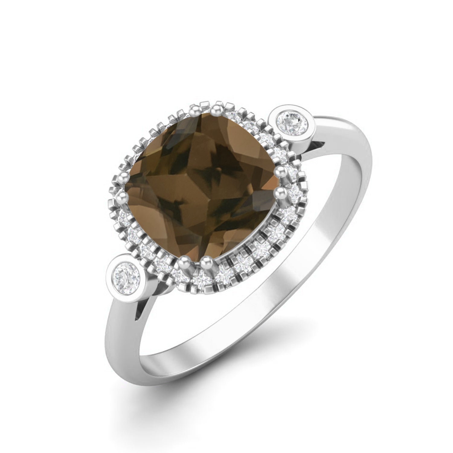 Smoky Quartz 2.05 Ct Cushion Shape Double Accent Halo Ring – 14K Yellow Gold