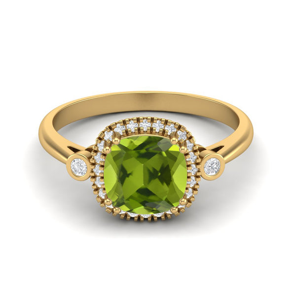 Cushion Shaped Peridot Gemstone Ring 925 Sterling Silver Solitaire Accents Wedding Ring