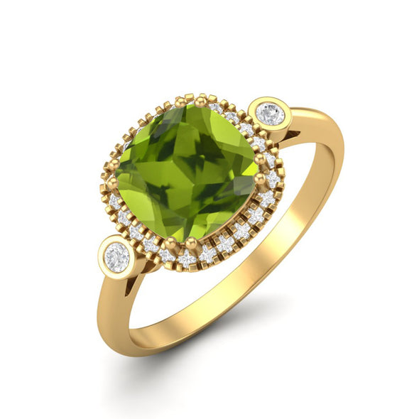 Cushion Shaped Peridot Gemstone Ring 925 Sterling Silver Solitaire Accents Wedding Ring