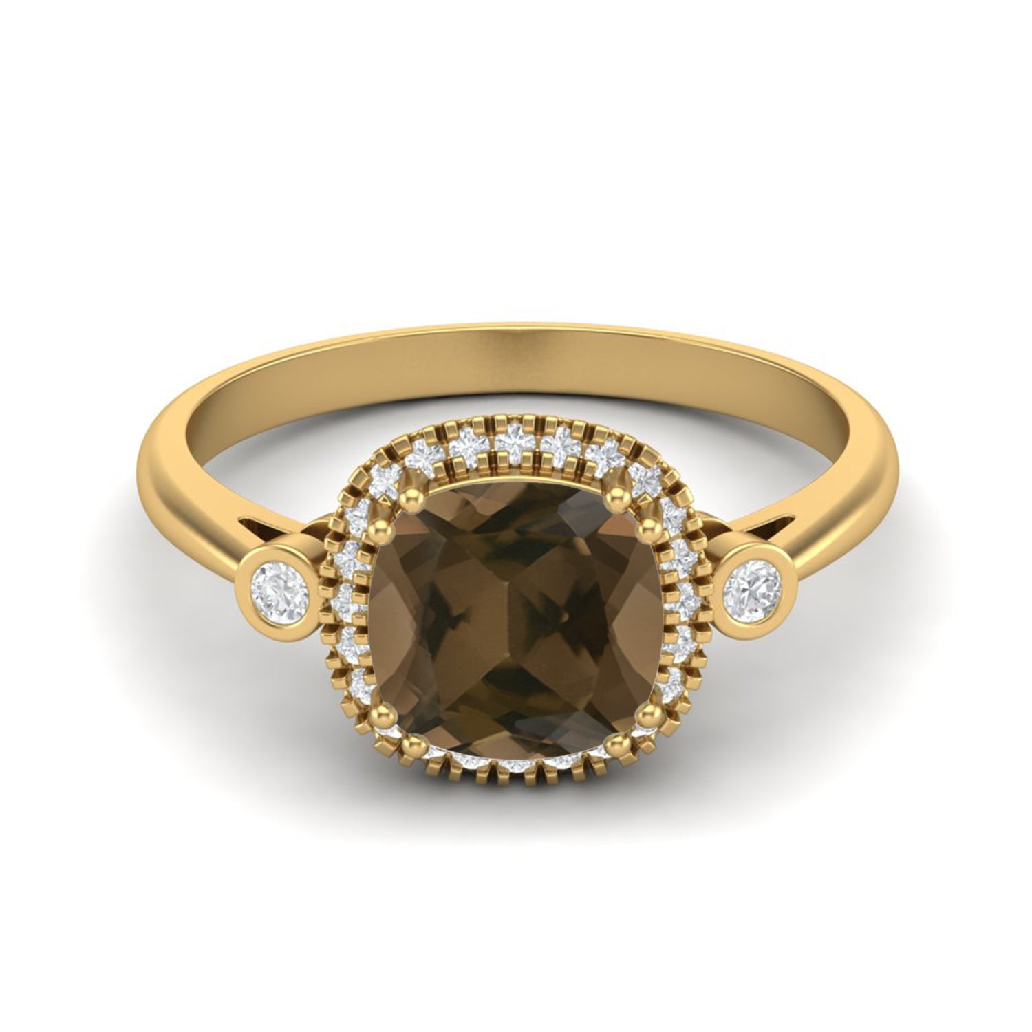 Smoky Quartz 2.05 Ct Cushion Shape Double Accent Halo Ring – 14K Yellow Gold