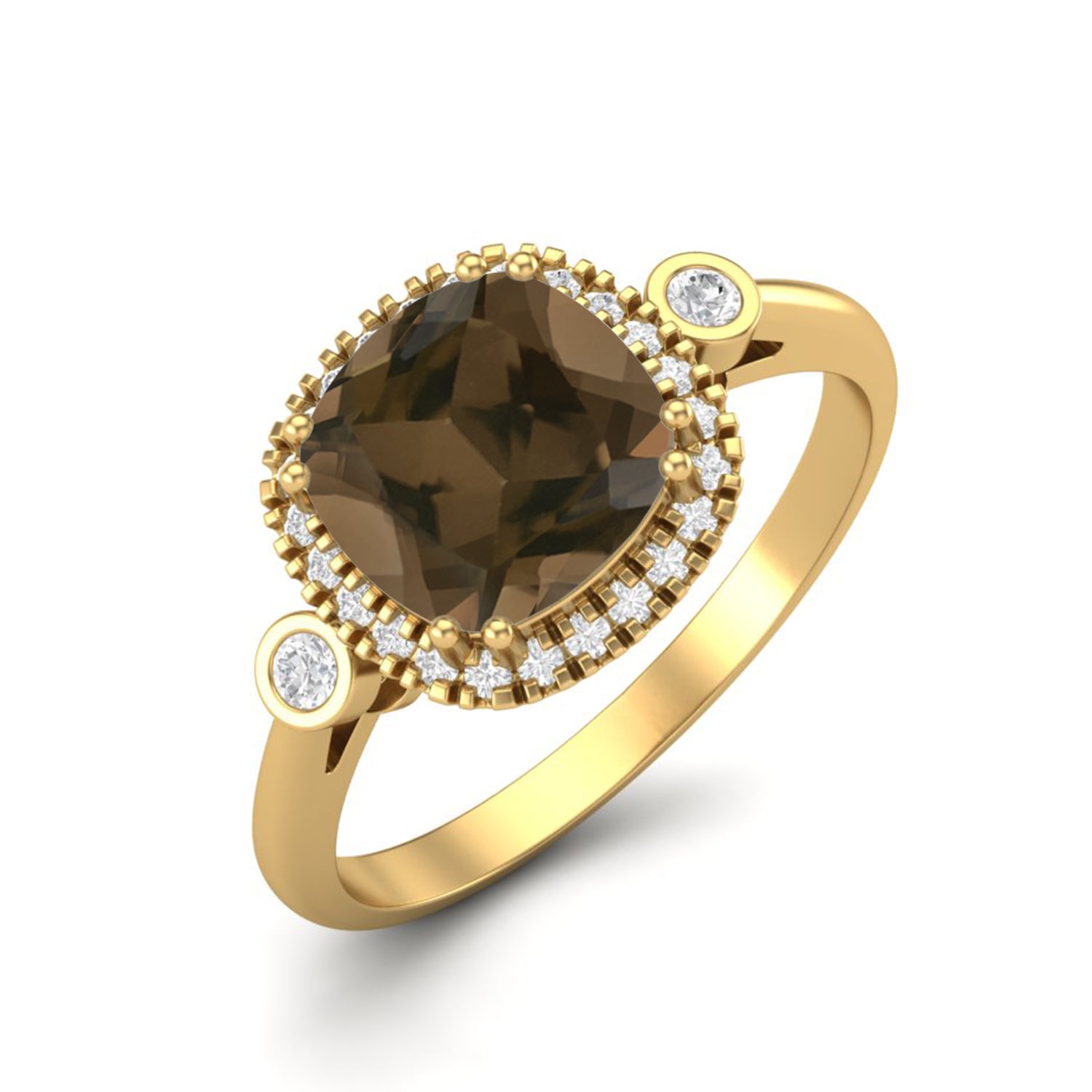 Smoky Quartz 2.05 Ct Cushion Shape Double Accent Halo Ring – 14K Yellow Gold