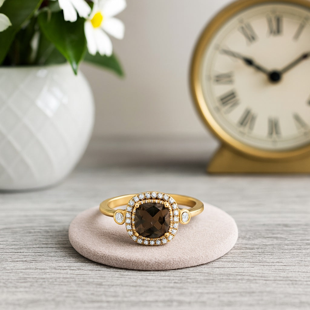 Smoky Quartz 2.05 Ct Cushion Shape Double Accent Halo Ring – 14K Yellow Gold