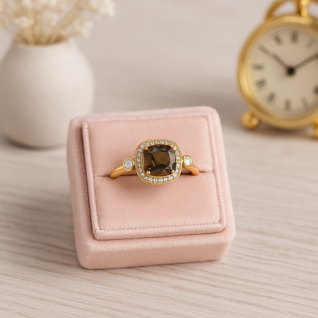Smoky Quartz 2.05 Ct Cushion Shape Double Accent Halo Ring – 14K Yellow Gold