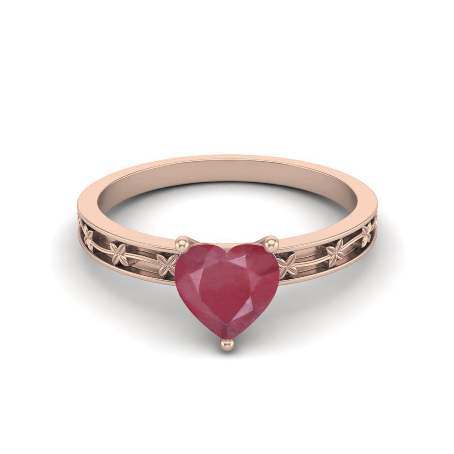 Ruby 0.75 Ct Heart Floral Engraved Band Ring - 14k Yellow Gold