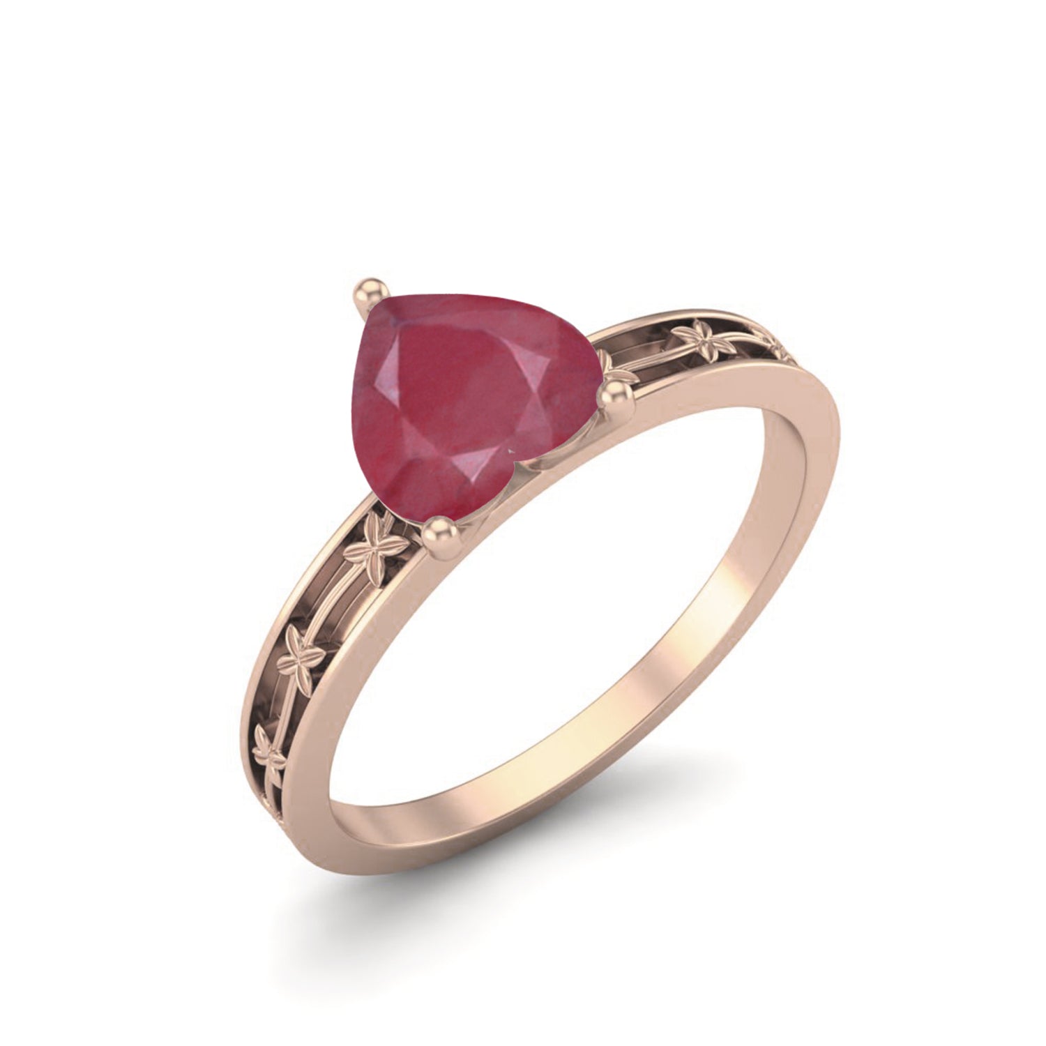 Ruby 0.75 Ct Heart Floral Engraved Band Ring - 14k Yellow Gold