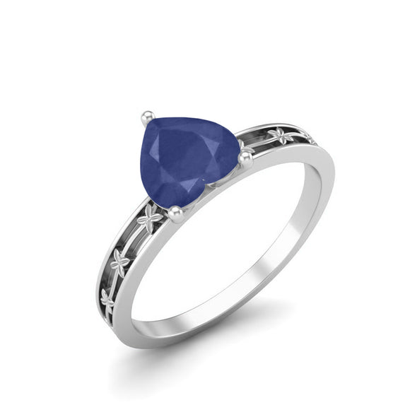 925 Sterling Silver Heart Shape Blue Sapphire Gemstone Solitaire Flower Wedding Ring