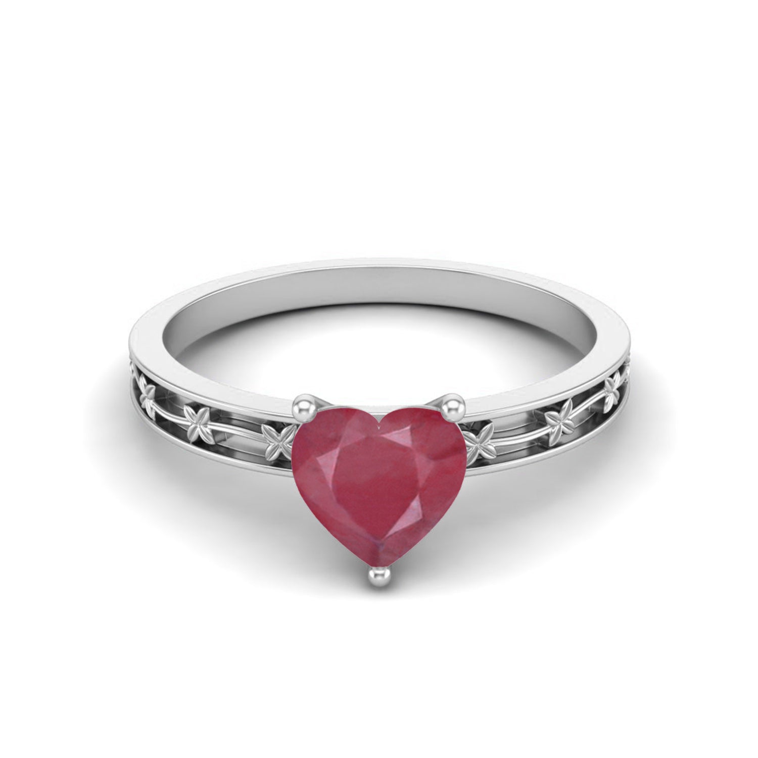 Ruby 0.75 Ct Heart Floral Engraved Band Ring - 14k Yellow Gold